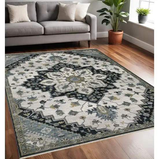 Blue Gray And Ivory Medallion Area Rug With Fringe Photo 1