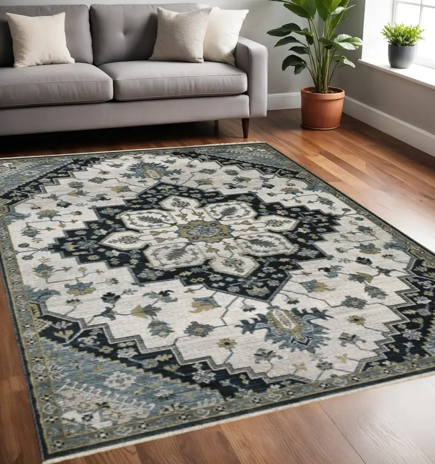 Blue Gray And Ivory Medallion Area Rug With Fringe Photo 1