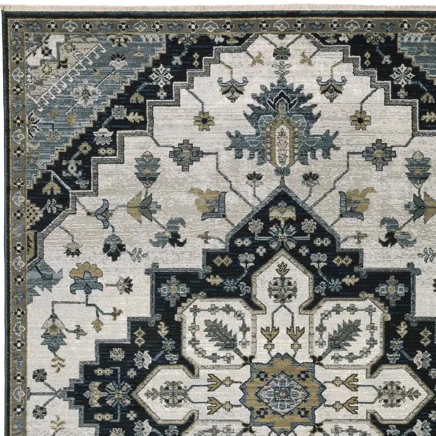 Blue Gray And Ivory Medallion Area Rug With Fringe Photo 9