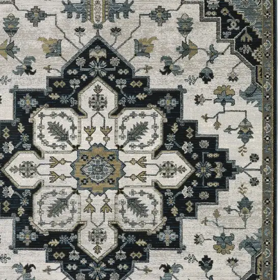 Blue Gray And Ivory Medallion Area Rug With Fringe Photo 9