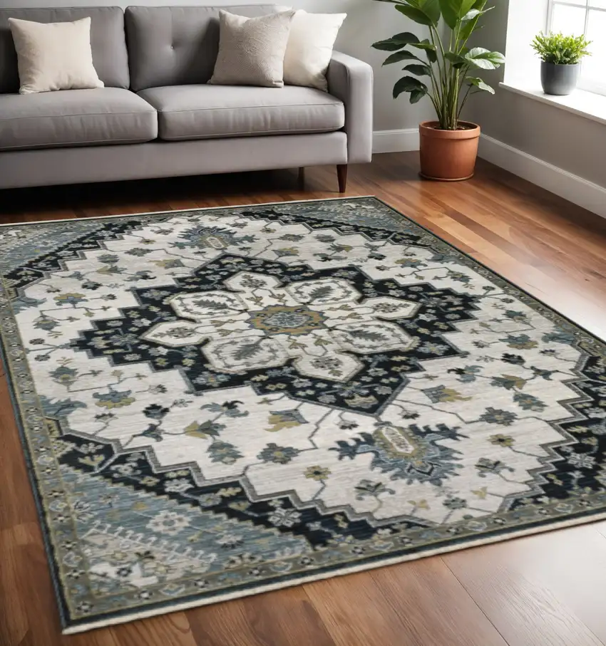Blue Gray And Ivory Medallion Area Rug With Fringe Photo 1