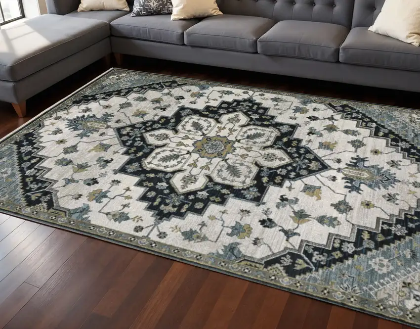 Blue Gray And Ivory Medallion Area Rug With Fringe Photo 1