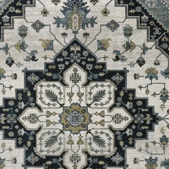 Blue Gray And Ivory Medallion Area Rug With Fringe Photo 9