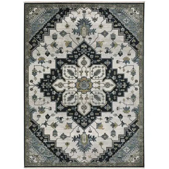 Blue Gray And Ivory Medallion Area Rug With Fringe Photo 3