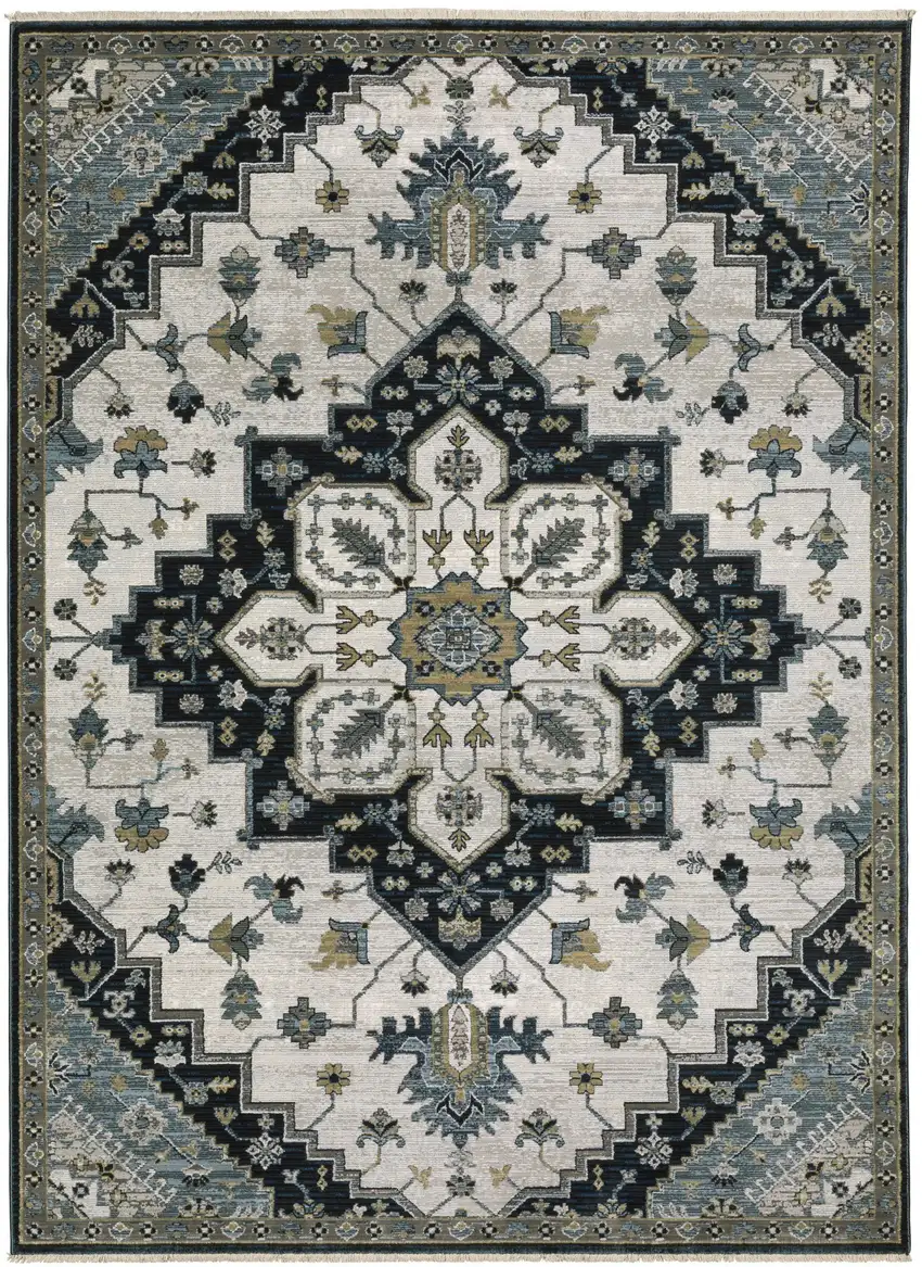 Blue Gray And Ivory Medallion Area Rug With Fringe Photo 3