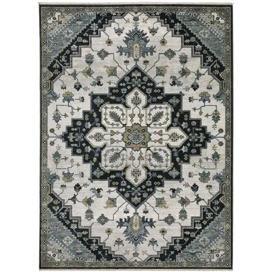 Blue Gray And Ivory Medallion Area Rug With Fringe Photo 2