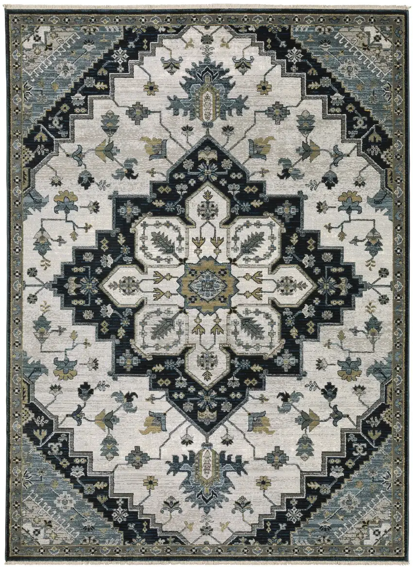 Blue Gray And Ivory Medallion Area Rug With Fringe Photo 2