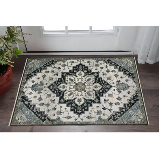 Blue Gray And Ivory Medallion Area Rug With Fringe Photo 1
