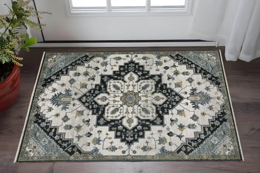 Blue Gray And Ivory Medallion Area Rug With Fringe Photo 1