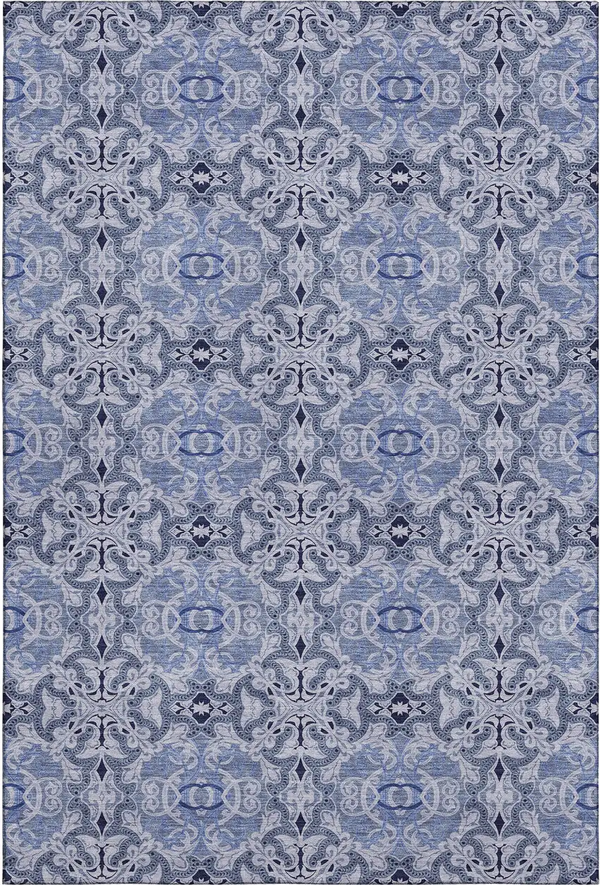 Blue Gray And Ivory Medallion Washable Area Rug With UV Protection Photo 7