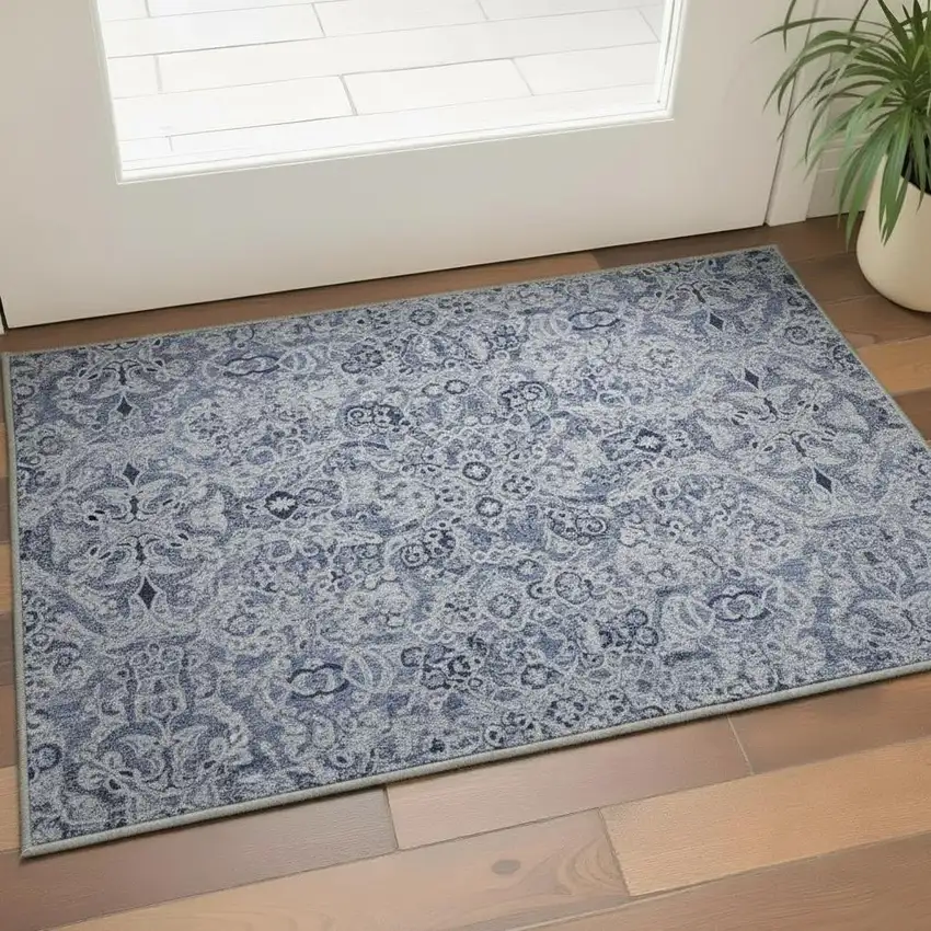 Blue Gray And Ivory Medallion Washable Area Rug With UV Protection Photo 2