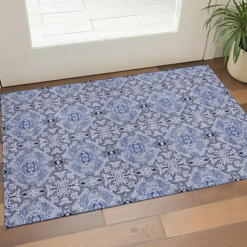 Blue Gray And Ivory Medallion Washable Area Rug With UV Protection Photo 1