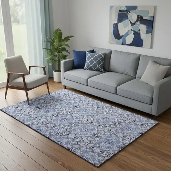 Blue Gray And Ivory Medallion Washable Area Rug With UV Protection Photo 1
