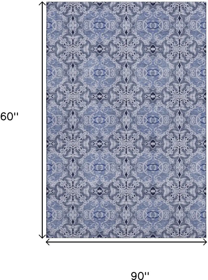 Blue Gray And Ivory Medallion Washable Area Rug With UV Protection Photo 3