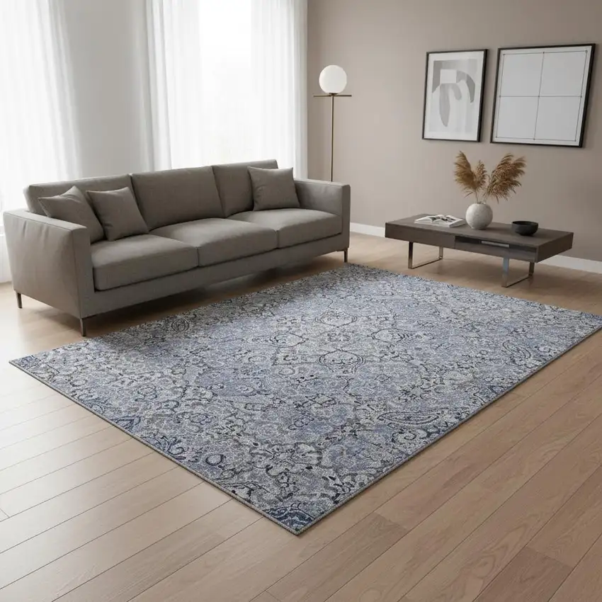 Blue Gray And Ivory Medallion Washable Area Rug With UV Protection Photo 2