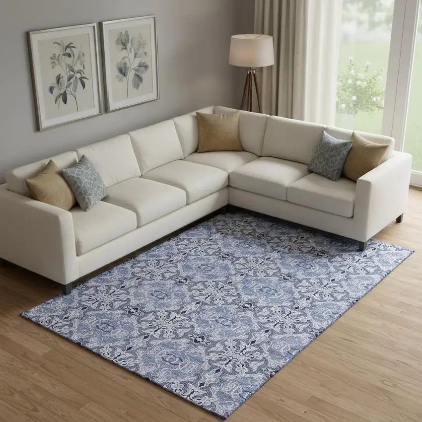 Blue Gray And Ivory Medallion Washable Area Rug With UV Protection Photo 1