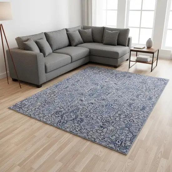 Blue Gray And Ivory Medallion Washable Area Rug With UV Protection Photo 2