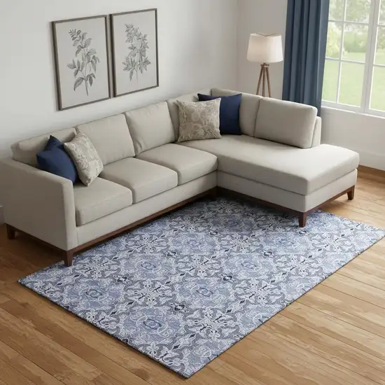 Blue Gray And Ivory Medallion Washable Area Rug With UV Protection Photo 1