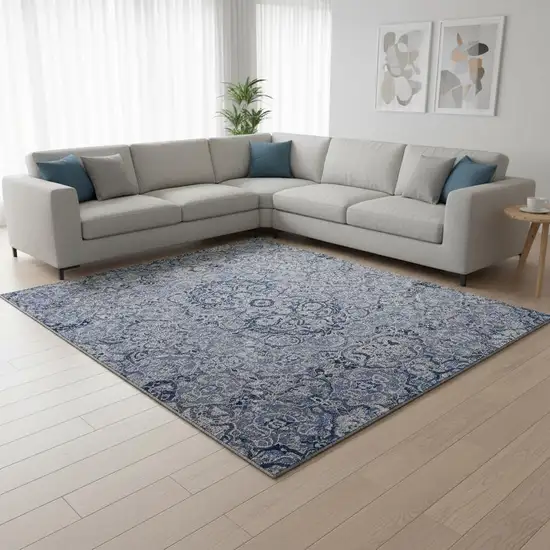 Blue Gray And Ivory Medallion Washable Area Rug With UV Protection Photo 2