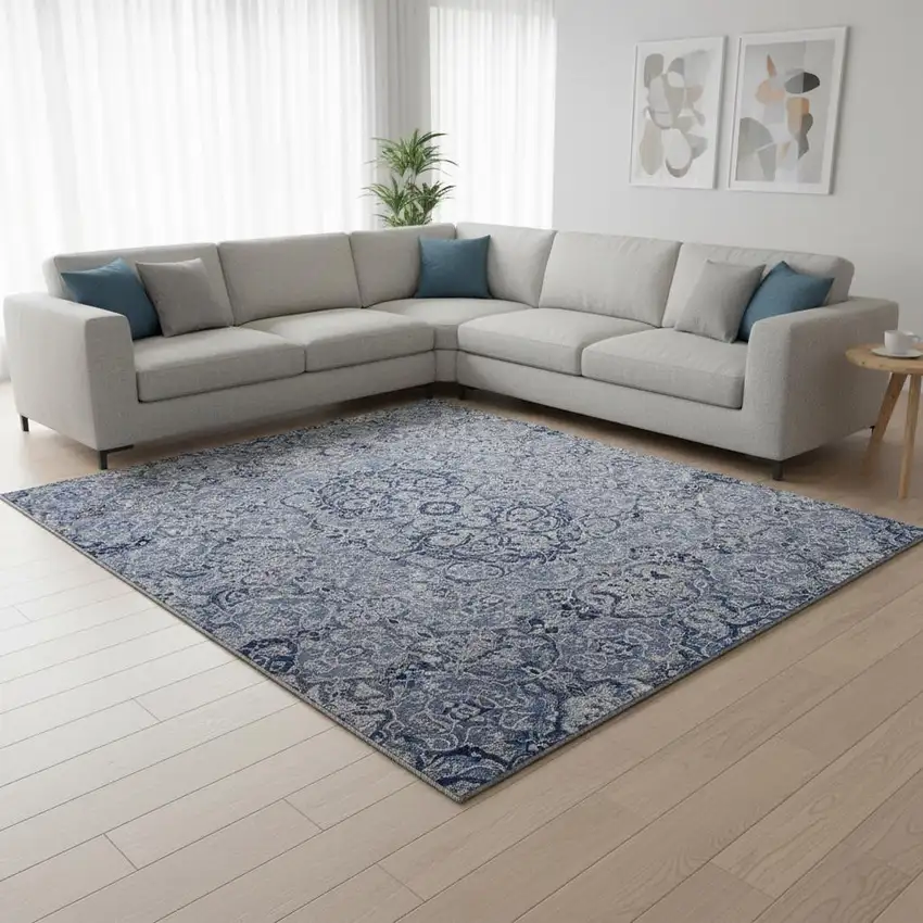Blue Gray And Ivory Medallion Washable Area Rug With UV Protection Photo 2