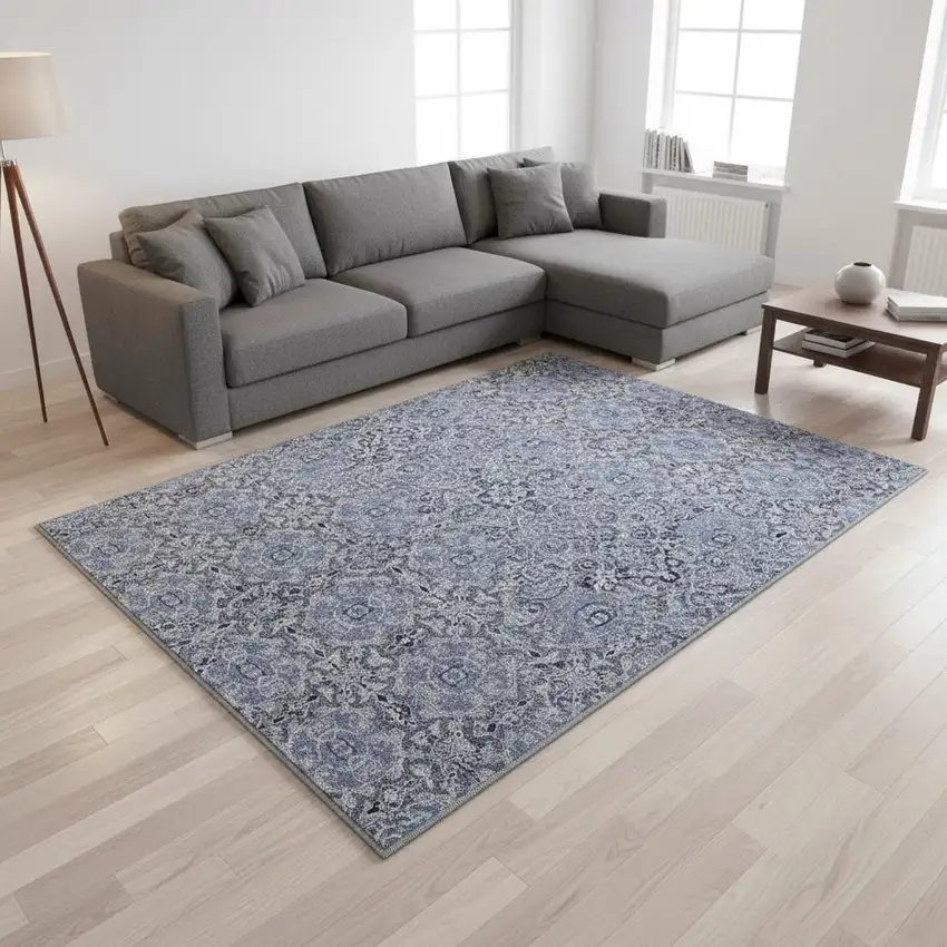 Blue Gray And Ivory Medallion Washable Area Rug With UV Protection Photo 2