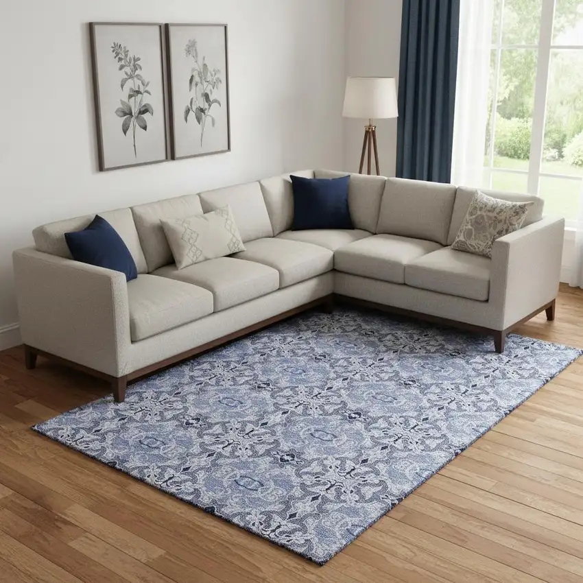 Blue Gray And Ivory Medallion Washable Area Rug With UV Protection Photo 1