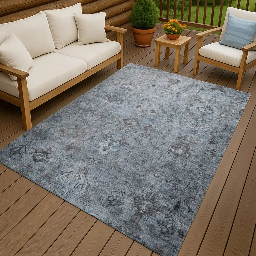 Blue Gray And Ivory Medallion Washable Indoor Outdoor Area Rug Photo 9