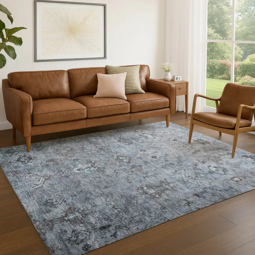 Blue Gray And Ivory Medallion Washable Indoor Outdoor Area Rug Photo 7