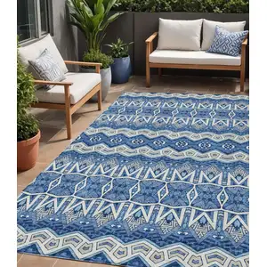 Photo of Blue Gray And Ivory Moroccan Washable Indoor Outdoor Area Rug