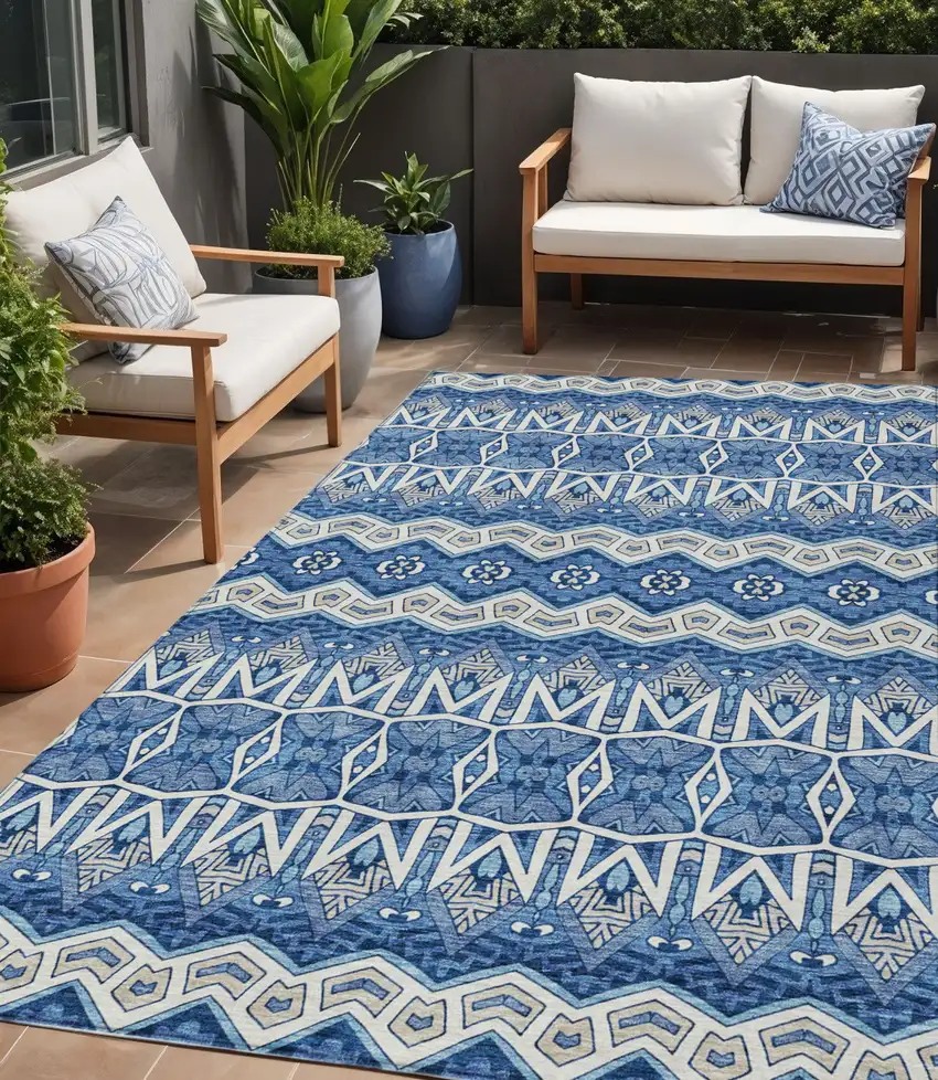 Blue Gray And Ivory Moroccan Washable Indoor Outdoor Area Rug Photo 1