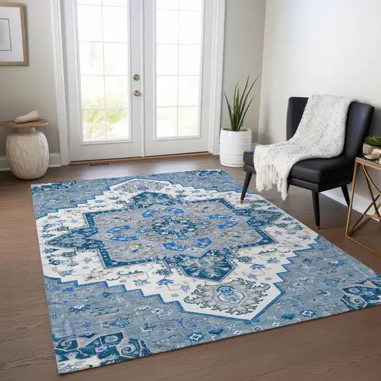 Blue Gray And Ivory Oriental Washable Indoor Outdoor Area Rug Photo 9