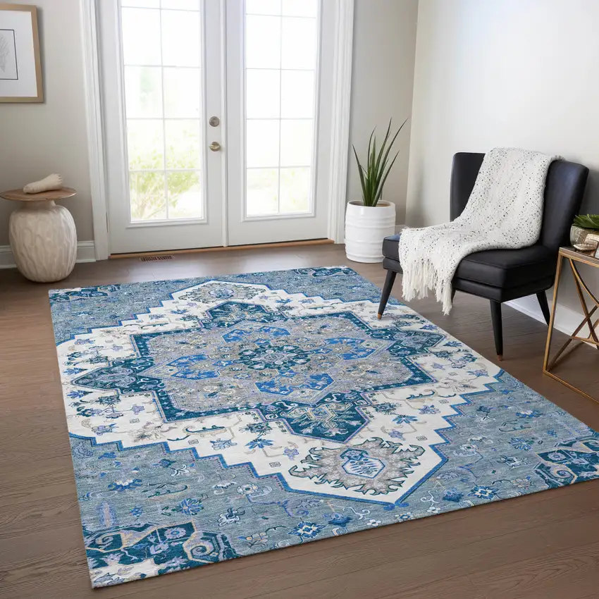 Blue Gray And Ivory Oriental Washable Indoor Outdoor Area Rug Photo 9