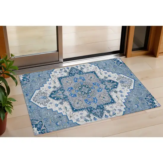 Blue Gray And Ivory Oriental Washable Indoor Outdoor Area Rug Photo 1