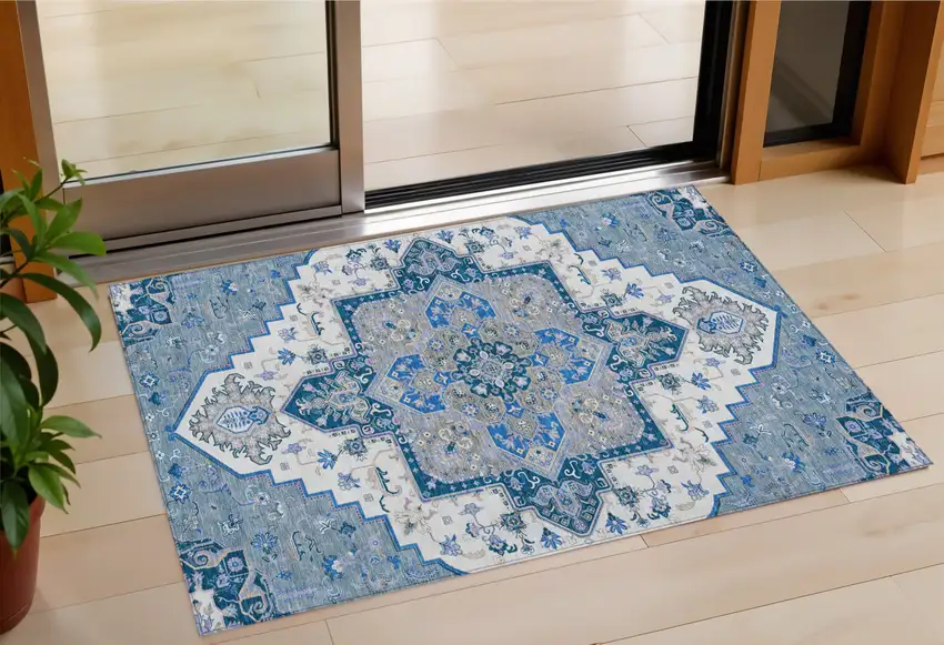 Blue Gray And Ivory Oriental Washable Indoor Outdoor Area Rug Photo 1