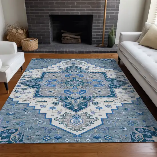 Blue Gray And Ivory Oriental Washable Indoor Outdoor Area Rug Photo 9