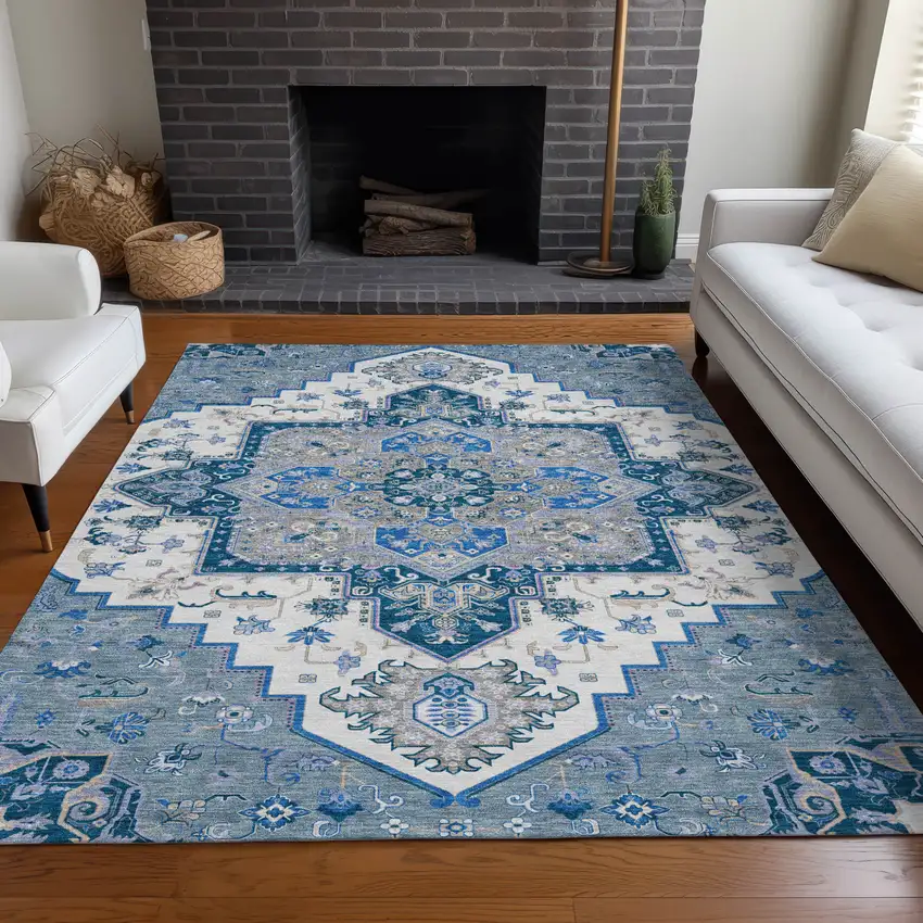 Blue Gray And Ivory Oriental Washable Indoor Outdoor Area Rug Photo 9