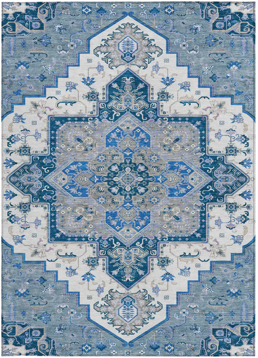 Blue Gray And Ivory Oriental Washable Indoor Outdoor Area Rug Photo 7