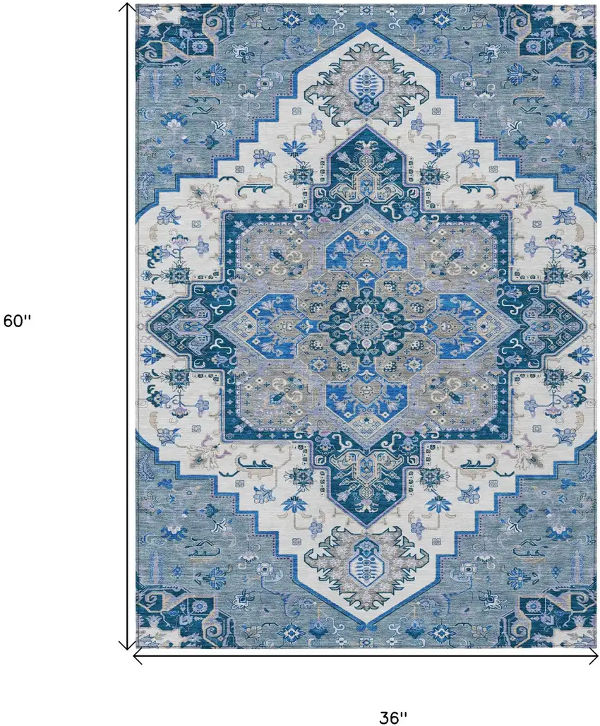 Blue Gray And Ivory Oriental Washable Indoor Outdoor Area Rug Photo 3