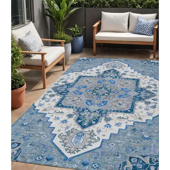 Blue Gray And Ivory Oriental Washable Indoor Outdoor Area Rug Photo 1