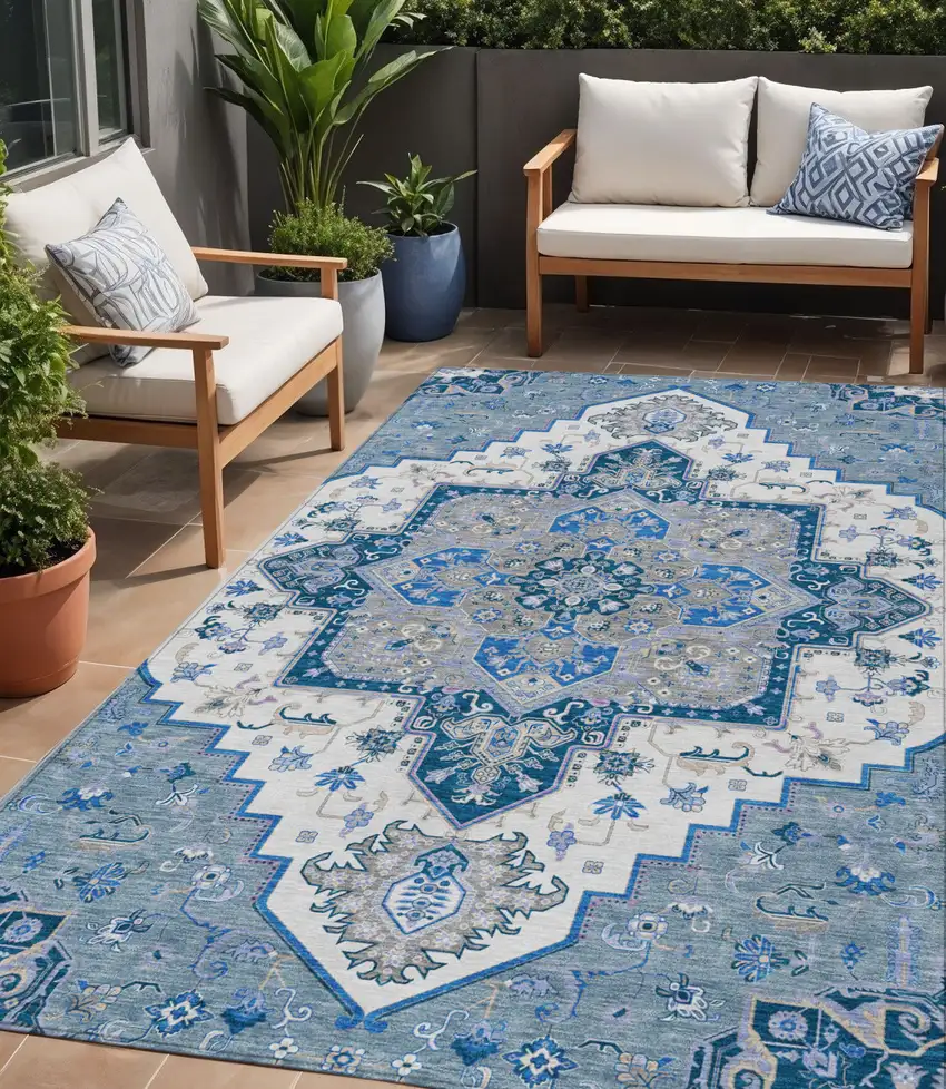 Blue Gray And Ivory Oriental Washable Indoor Outdoor Area Rug Photo 1