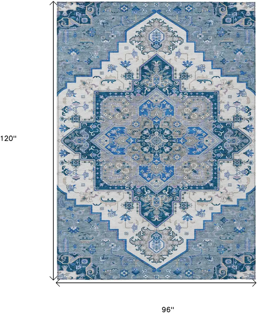 Blue Gray And Ivory Oriental Washable Indoor Outdoor Area Rug Photo 3