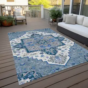 Photo of Blue Gray And Ivory Oriental Washable Indoor Outdoor Area Rug