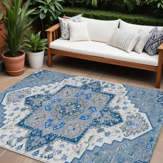 Blue Gray And Ivory Oriental Washable Indoor Outdoor Area Rug Photo 1