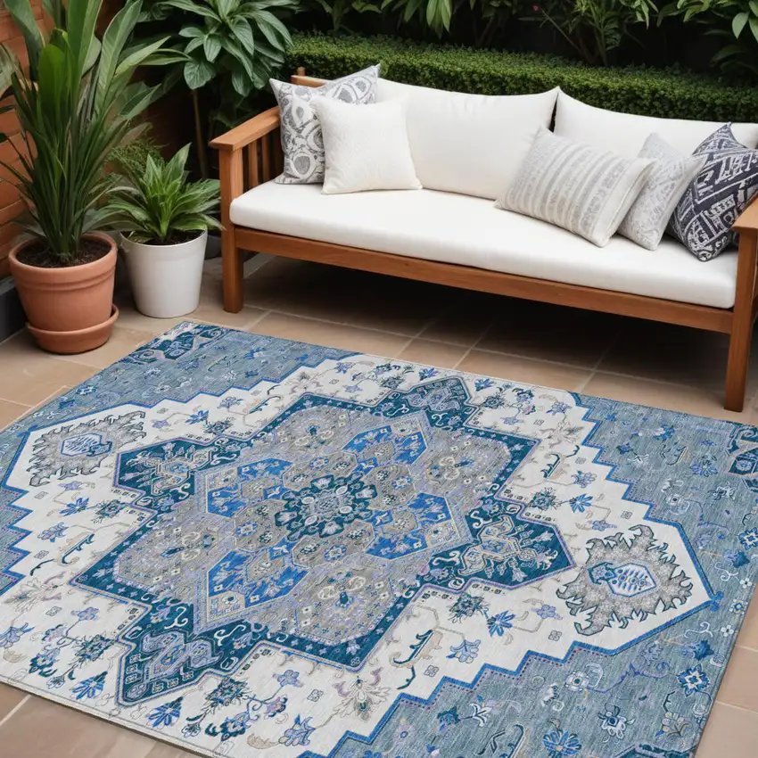 Blue Gray And Ivory Oriental Washable Indoor Outdoor Area Rug Photo 1