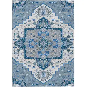Photo of Blue Gray And Ivory Oriental Washable Indoor Outdoor Area Rug