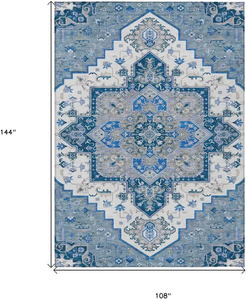 Blue Gray And Ivory Oriental Washable Indoor Outdoor Area Rug Photo 3