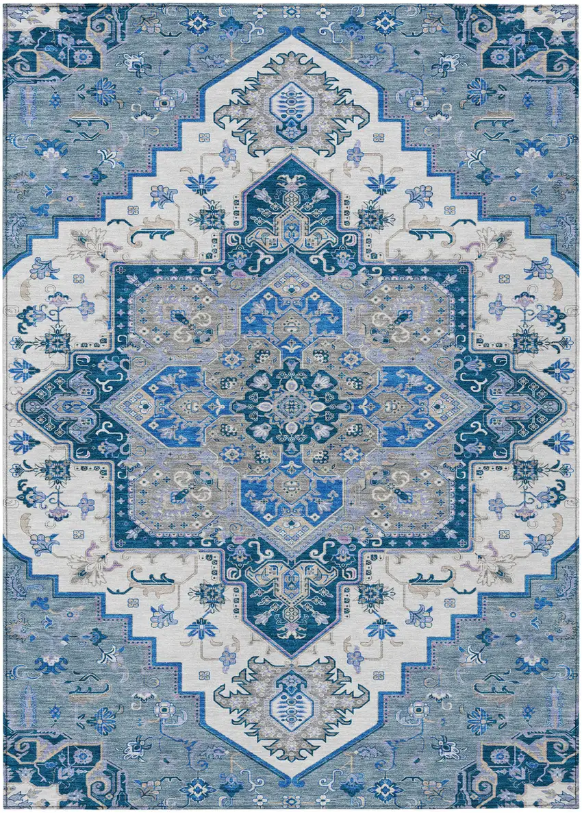 Blue Gray And Ivory Oriental Washable Indoor Outdoor Area Rug Photo 2
