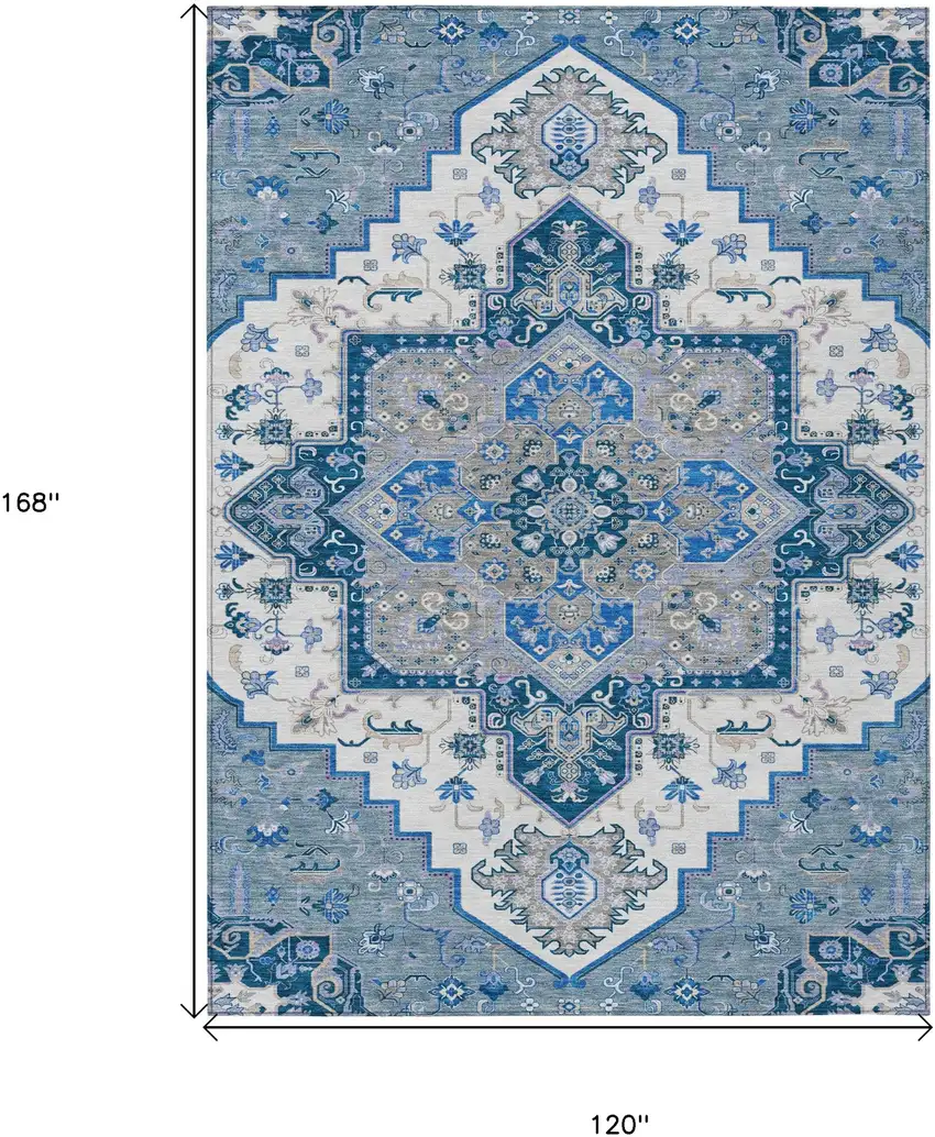 Blue Gray And Ivory Oriental Washable Indoor Outdoor Area Rug Photo 3