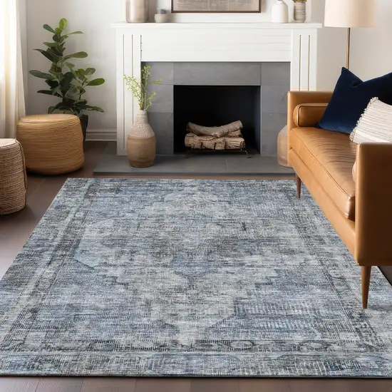 Blue Gray And Ivory Oriental Washable Indoor Outdoor Area Rug Photo 6