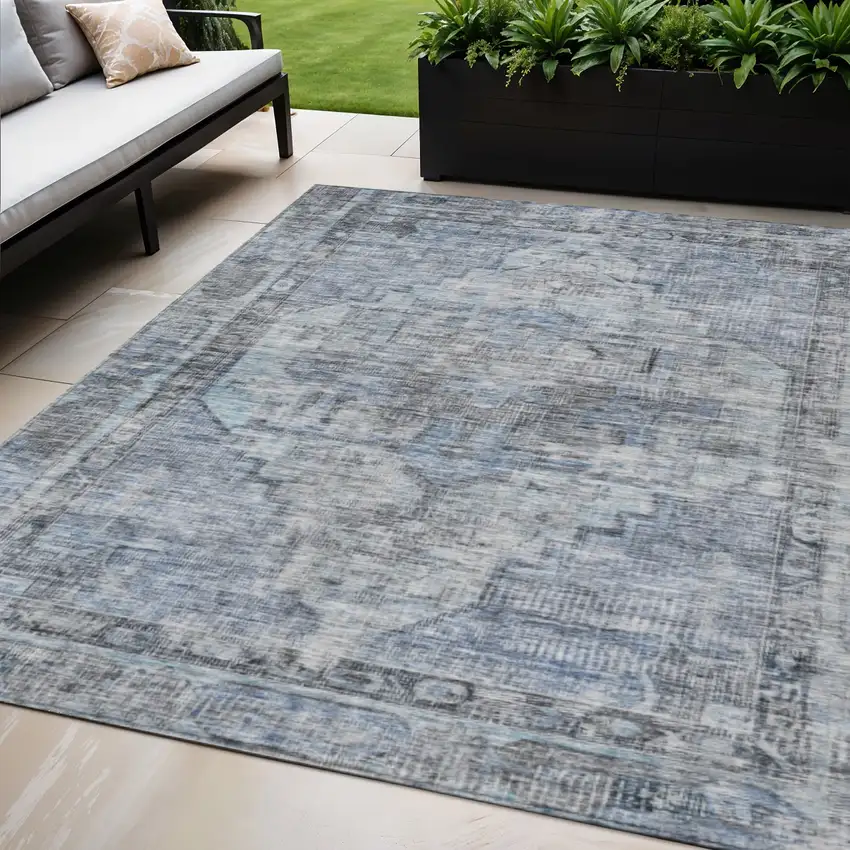 Blue Gray And Ivory Oriental Washable Indoor Outdoor Area Rug Photo 2